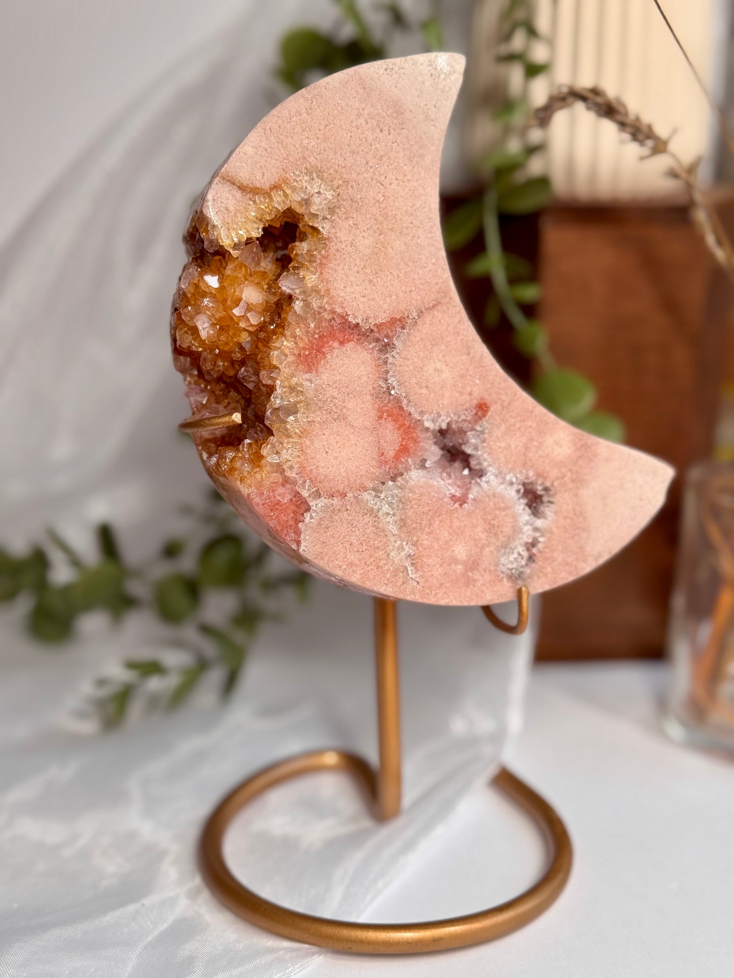 Golden Druzy Pink Amethyst Moon on Display Stand (0.622 kg)