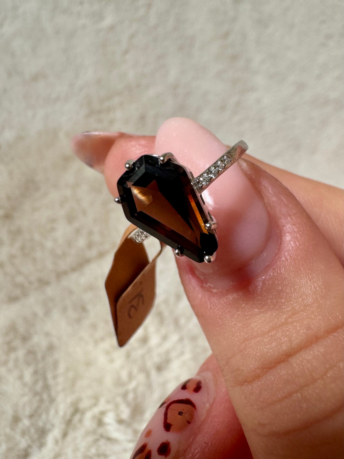 Coffin - Smoky Quartz adjustable ring in silver 925