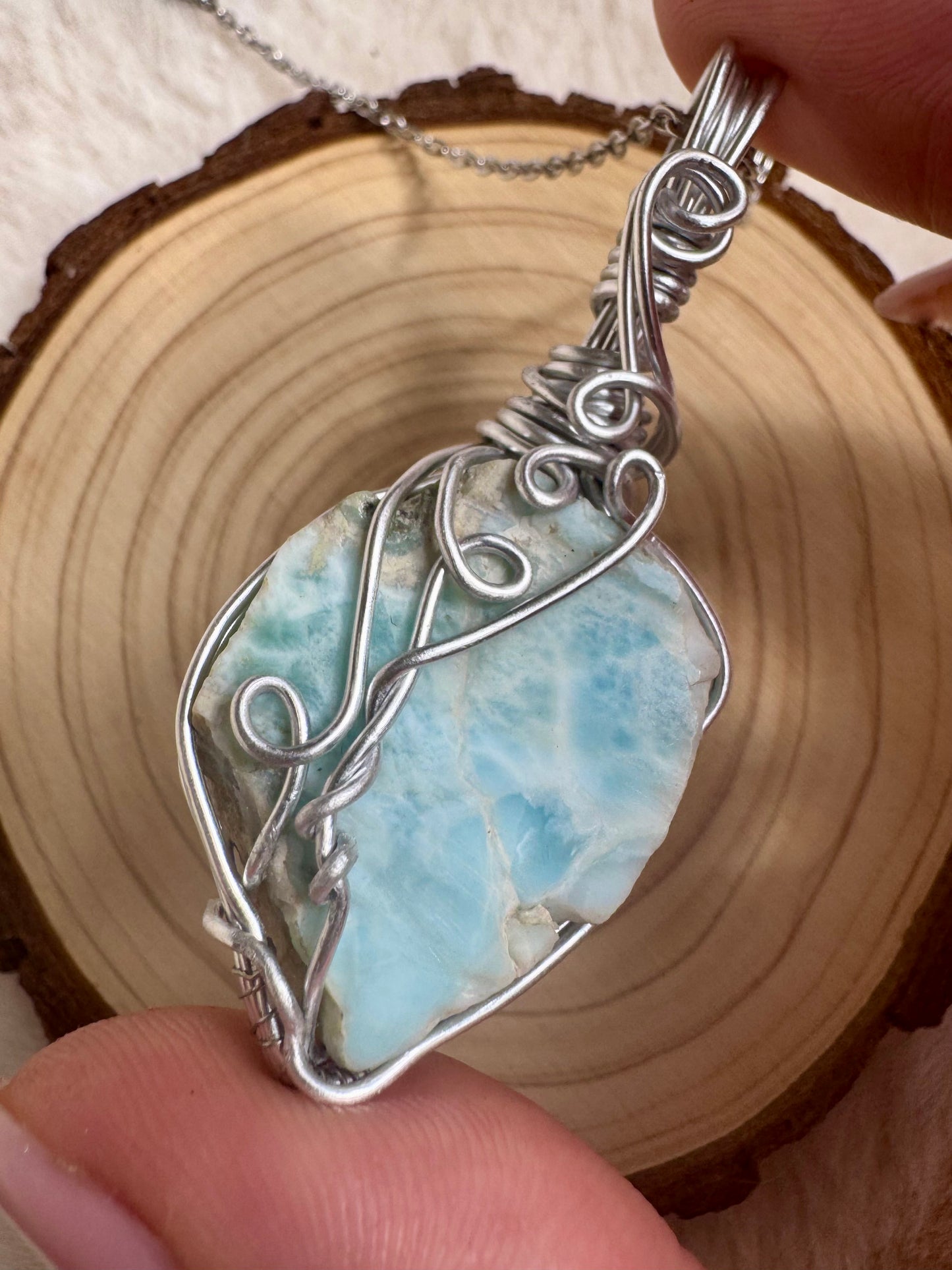 Wire-wrapped Larimar pendant