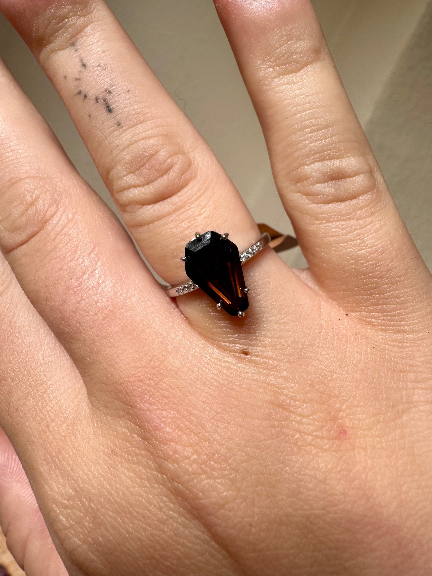 Coffin - Smoky Quartz adjustable ring in silver 925