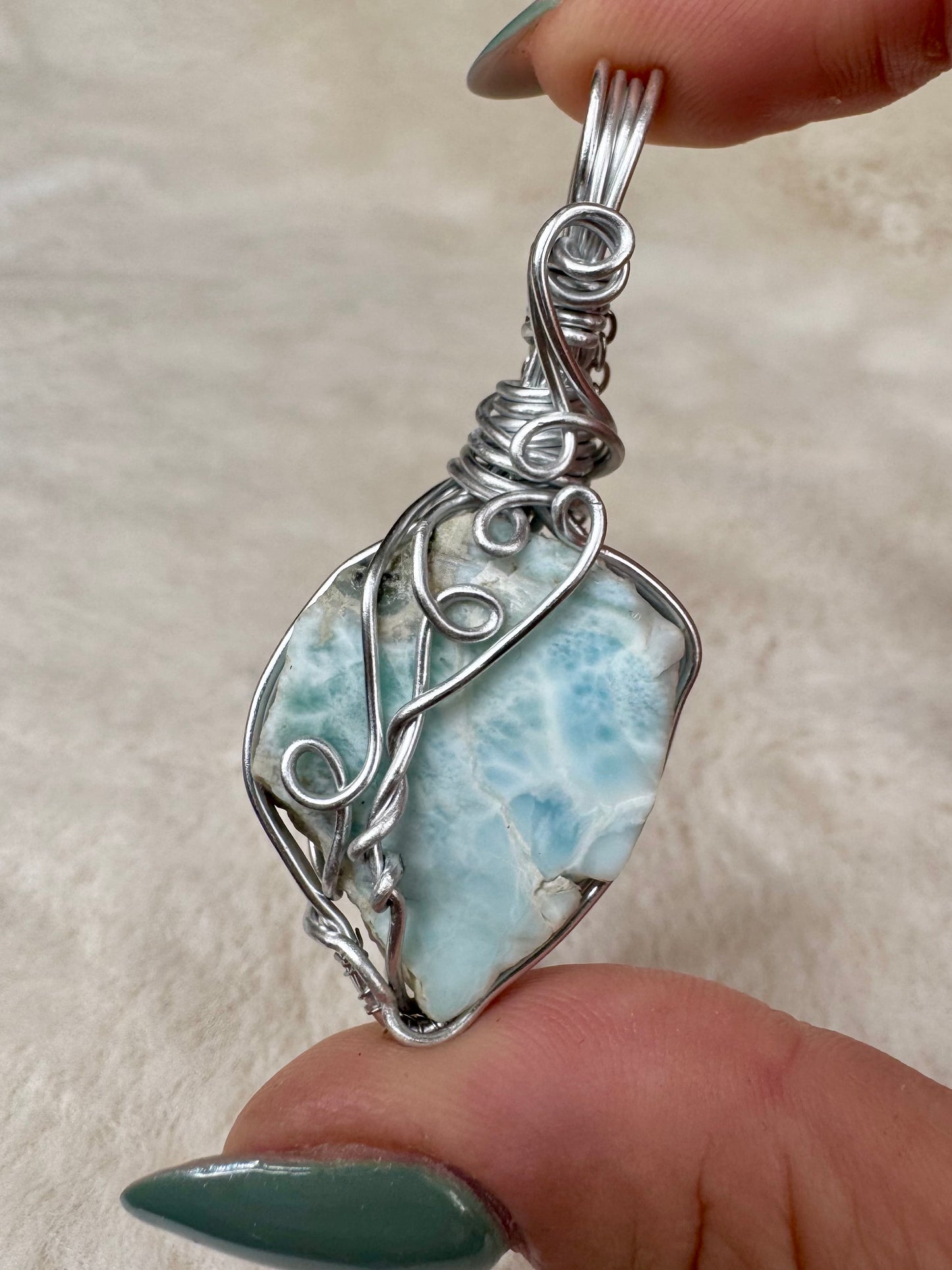 Wire-wrapped Larimar pendant