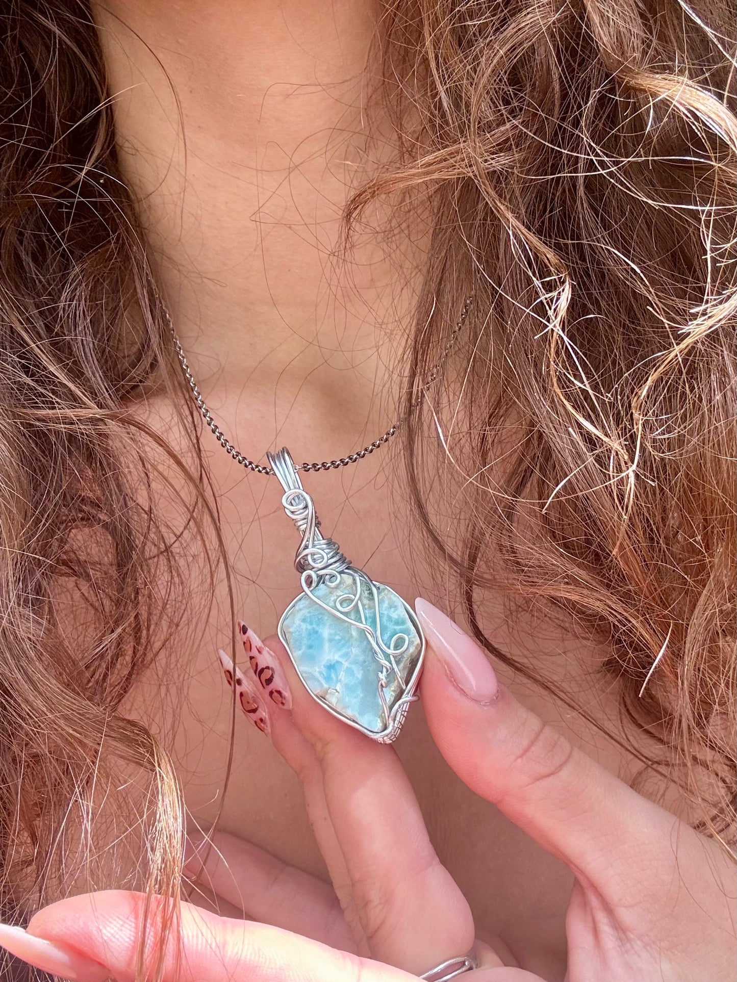 Wire-wrapped Larimar pendant