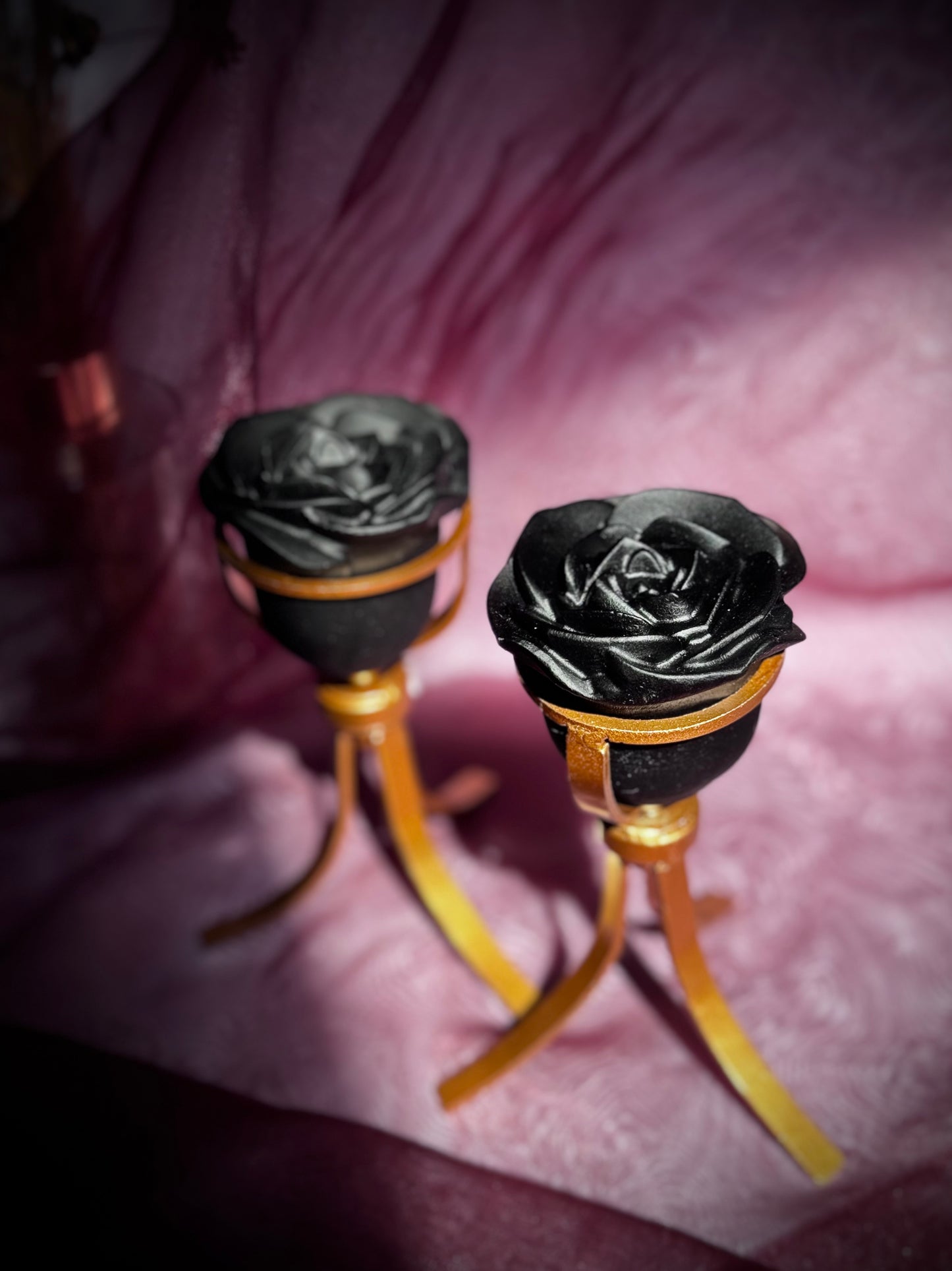 Obsidian Rose Flower Carving on stand