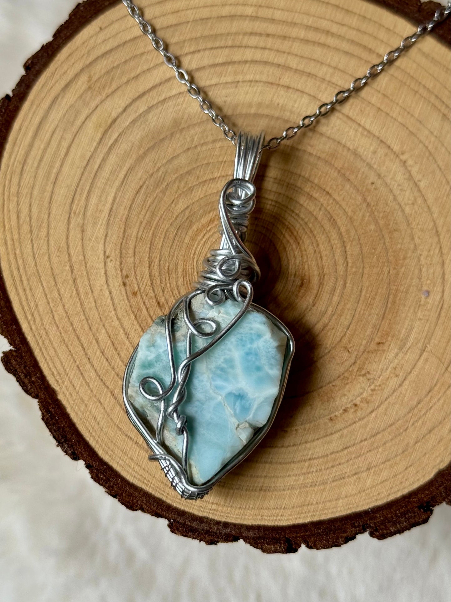 Wire-wrapped Larimar pendant
