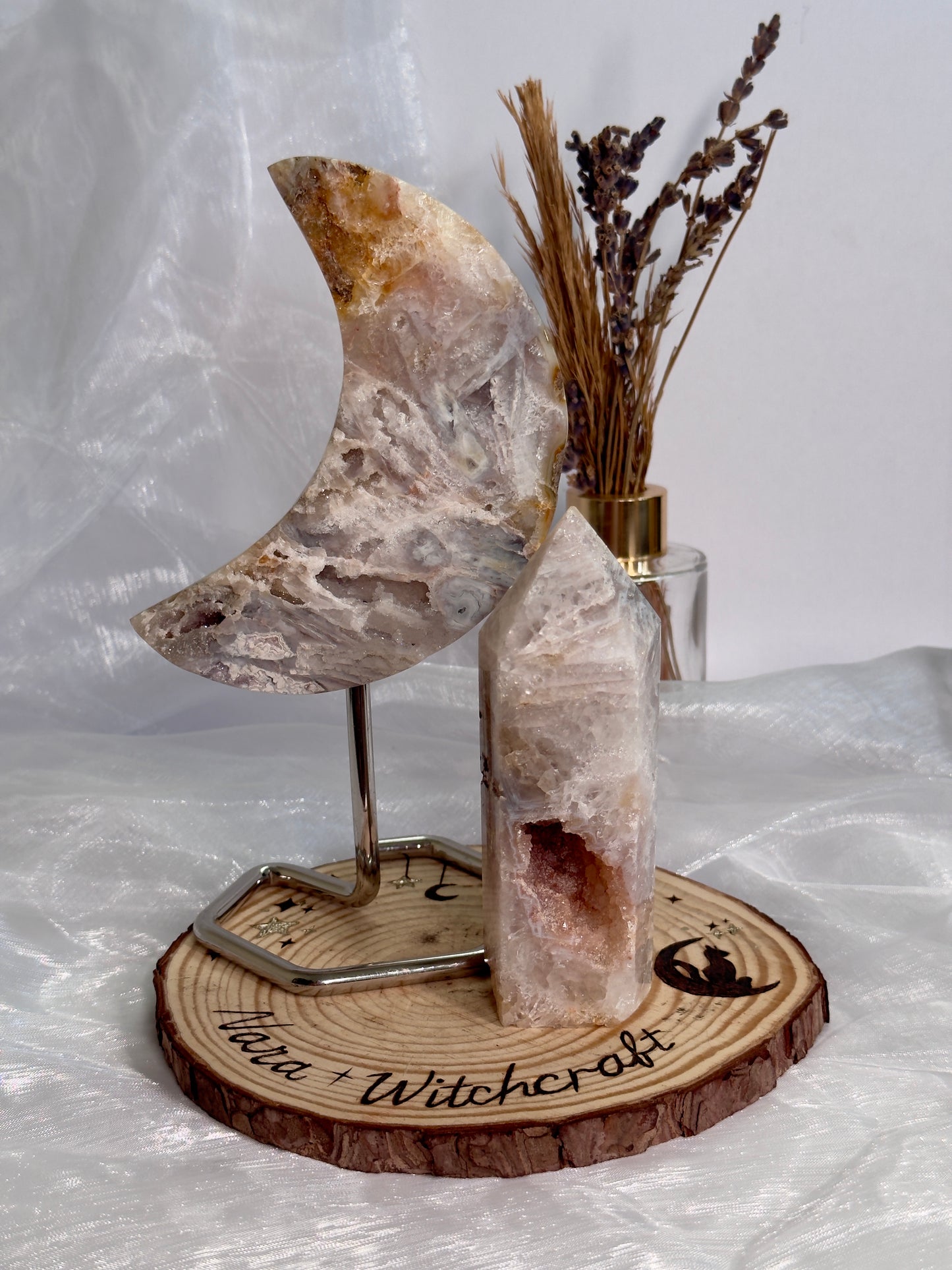 Pink Amethyst Tower and Moon on stand Druzy set