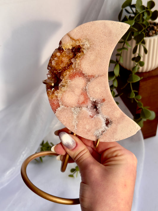 Golden Druzy Pink Amethyst Moon on Display Stand (0.622 kg)