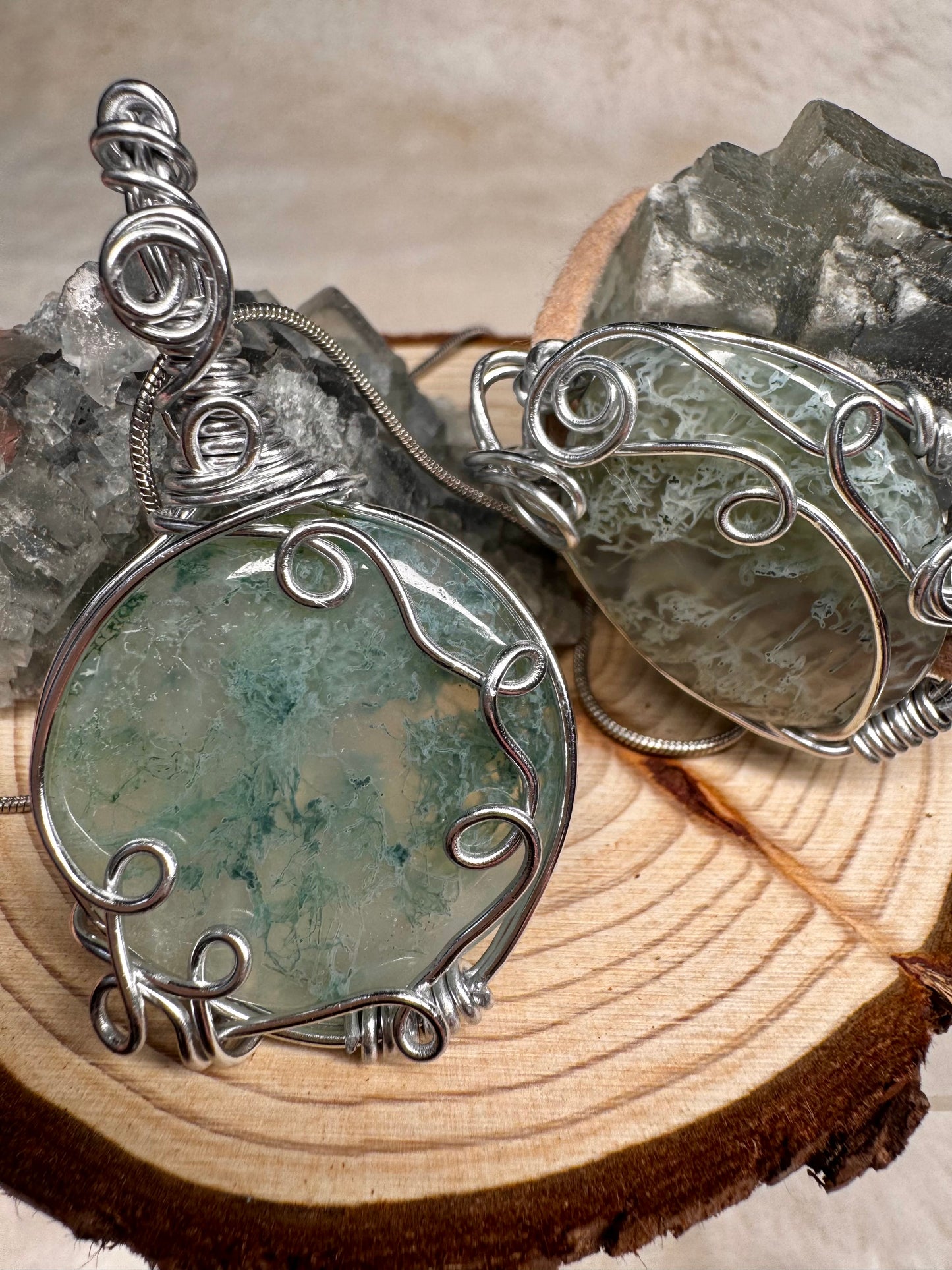 Wire wrapped Moss Agate Pendant and Bracelet set