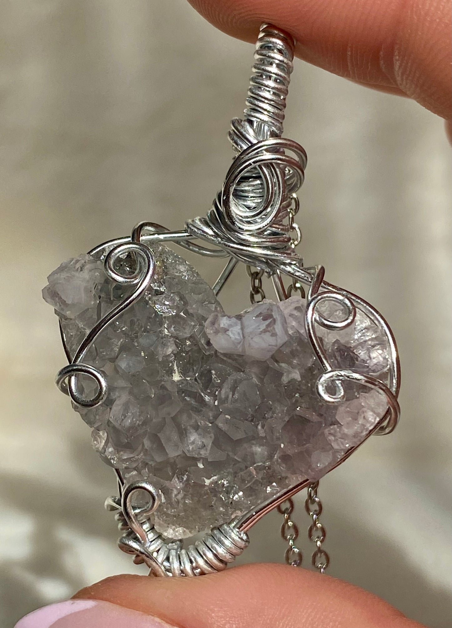 Wire wrapped Amethyst Druzy Heart pendants