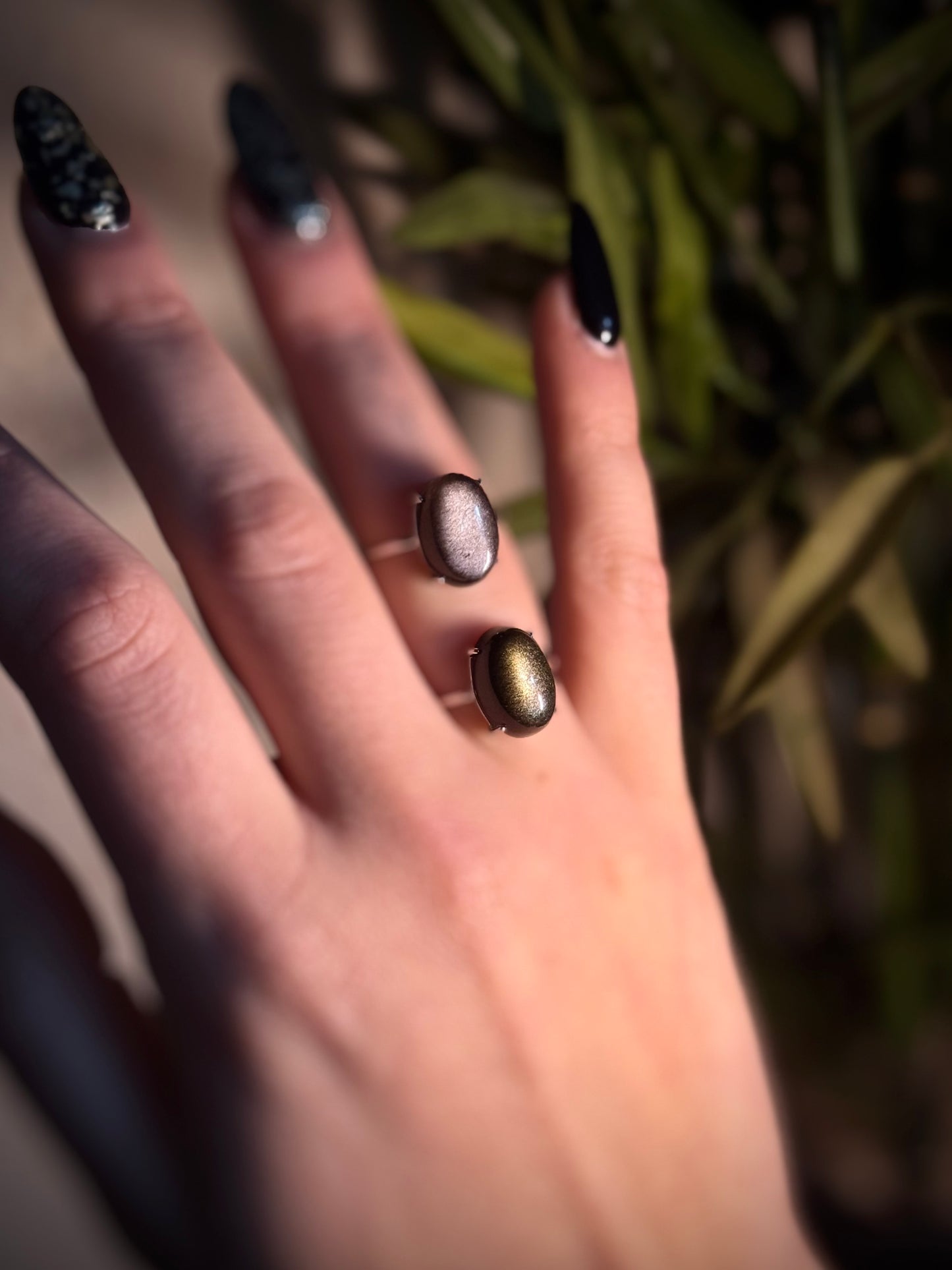 Golden Sheen and Silver Sheen Obsidian adjustable rings in Silver 925