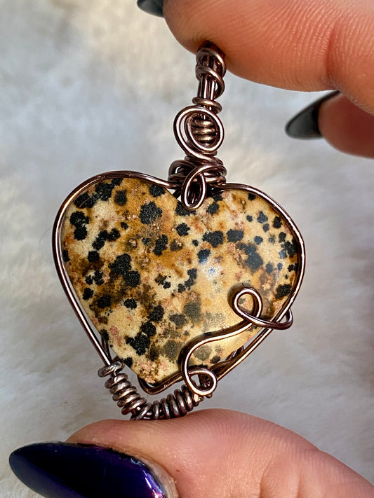 Wire Wrapped Dalmatian Jasper Heart Pendant