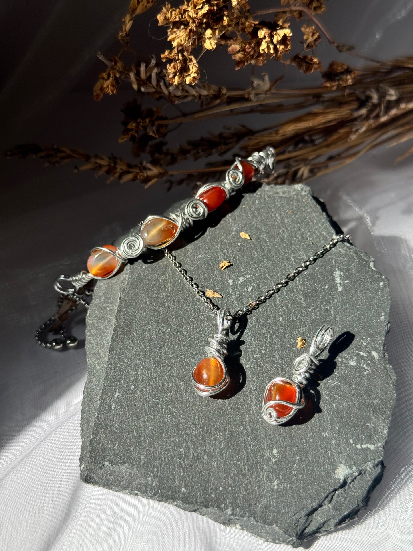 Wire wrapped Carnelian Bracelet and pendants set