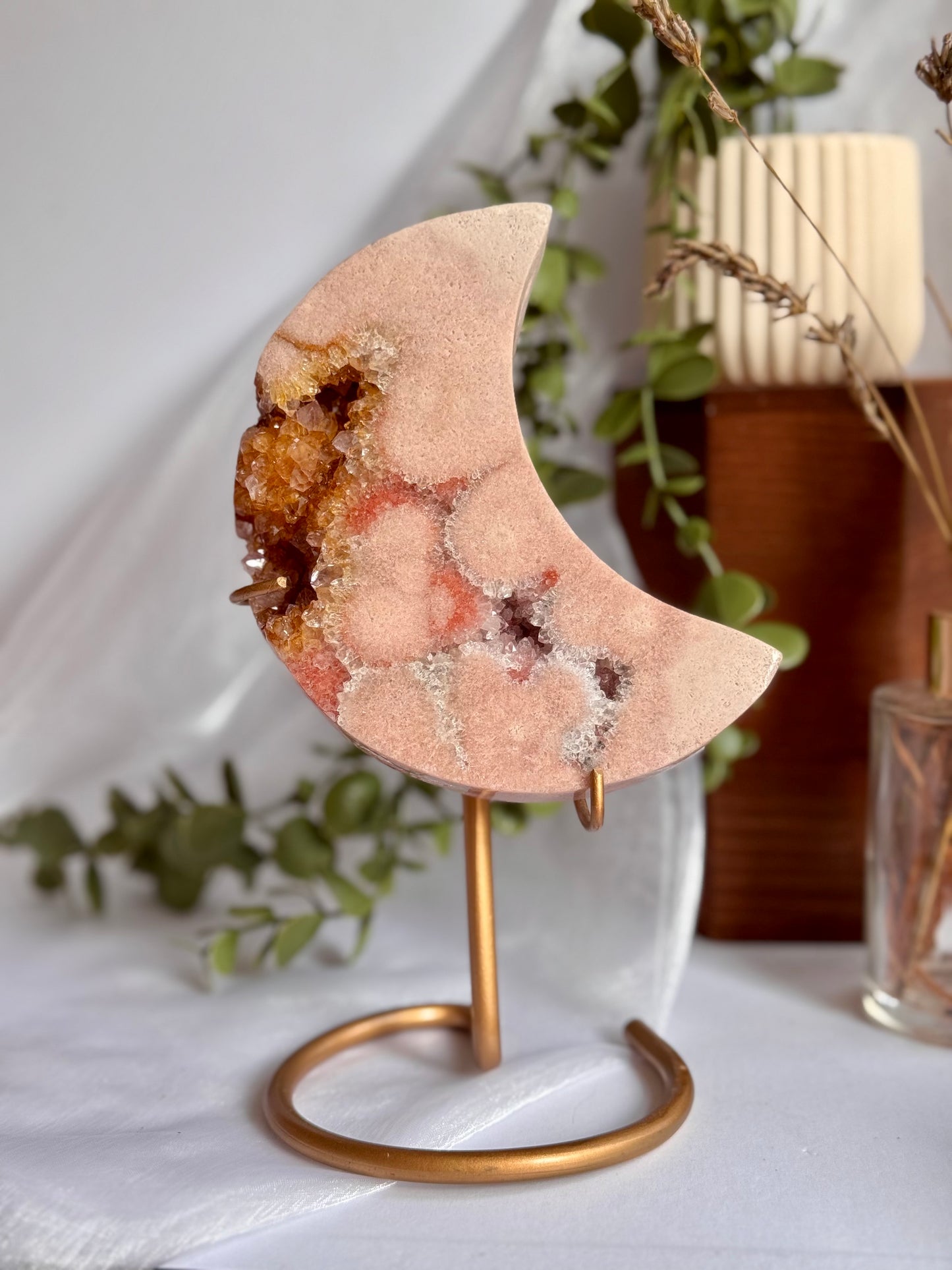 Golden Druzy Pink Amethyst Moon on Display Stand (0.622 kg)