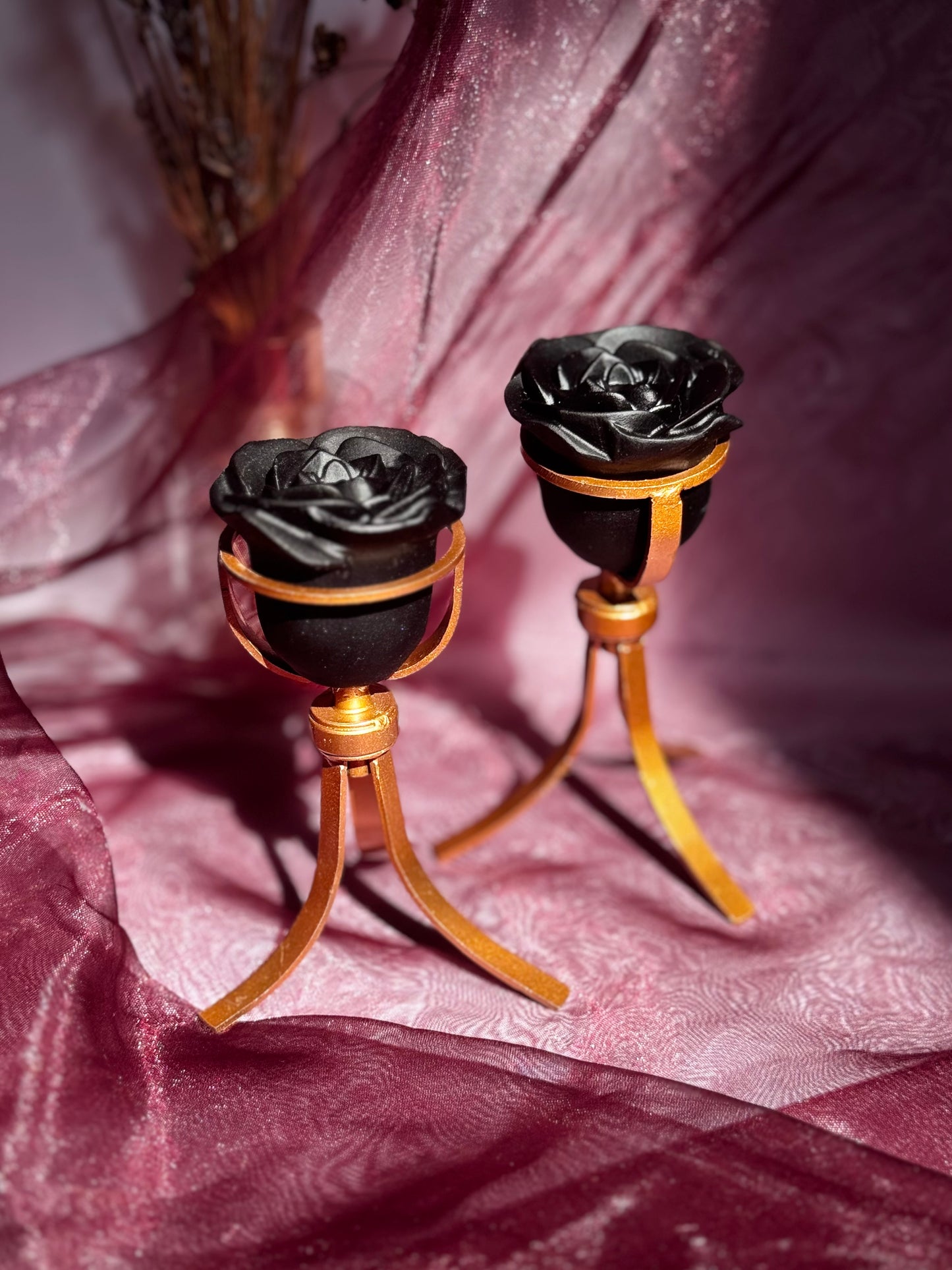 Obsidian Rose Flower Carving on stand