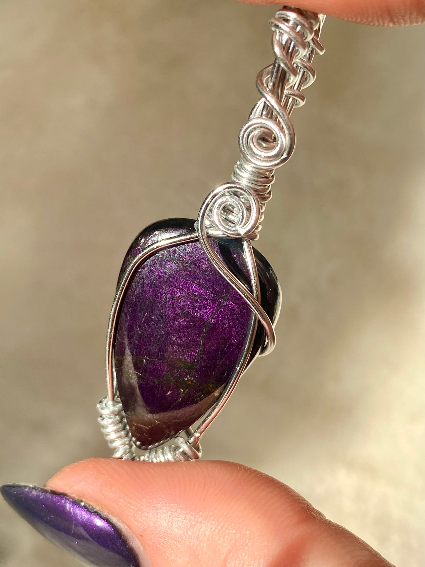 Wire wrapped flashy Purpurite pendant