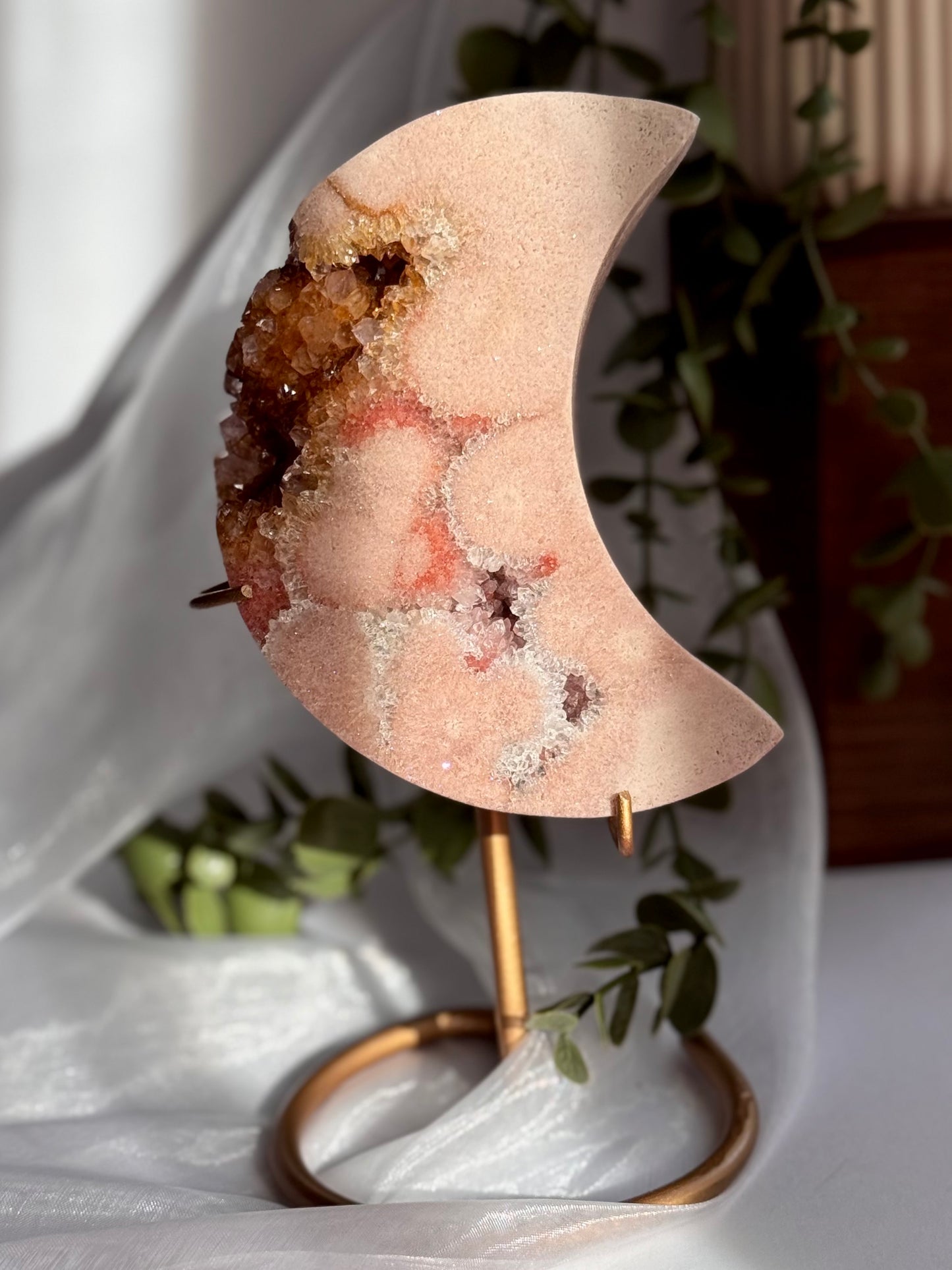 Golden Druzy Pink Amethyst Moon on Display Stand (0.622 kg)