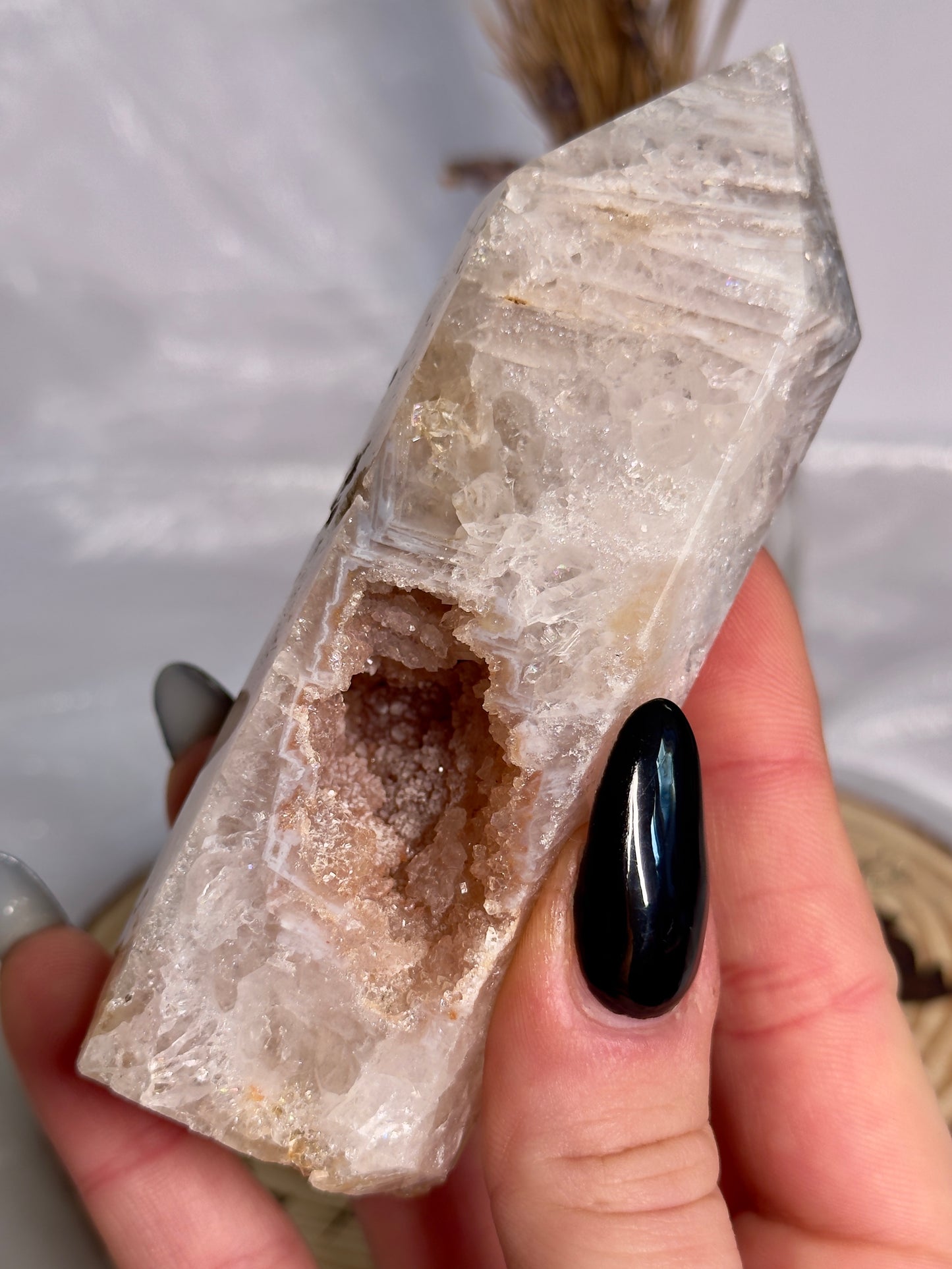 Pink Amethyst Tower and Moon on stand Druzy set