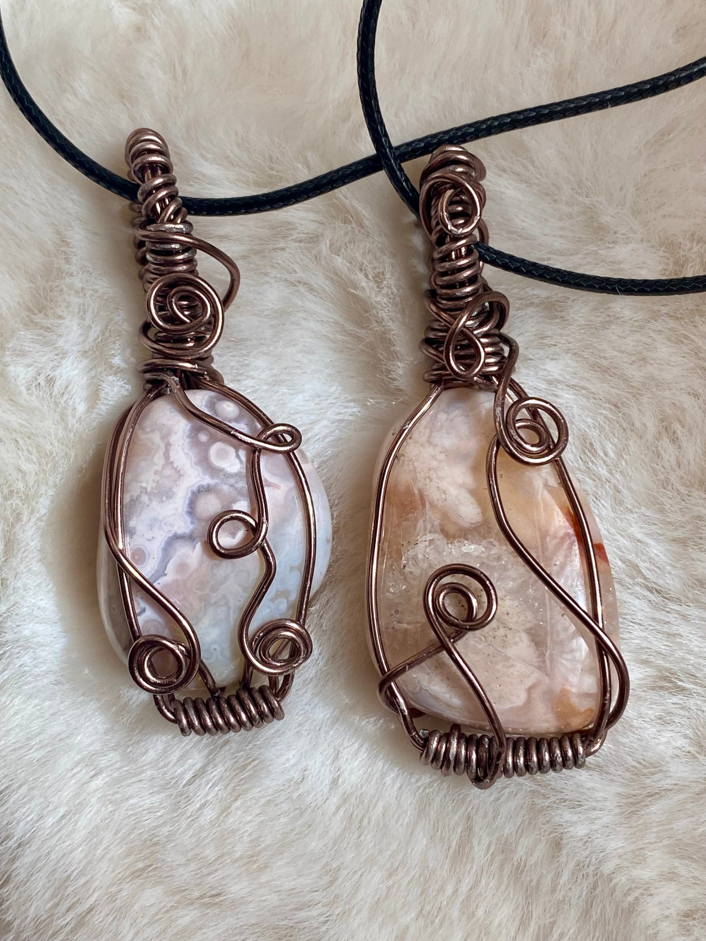 Wire wrapped Pink Amethyst and Flower Agate pendants