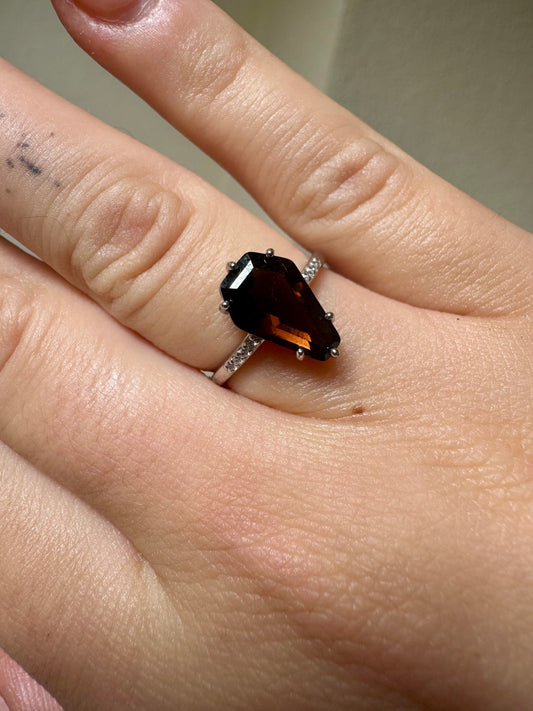 Coffin - Smoky Quartz adjustable ring in silver 925