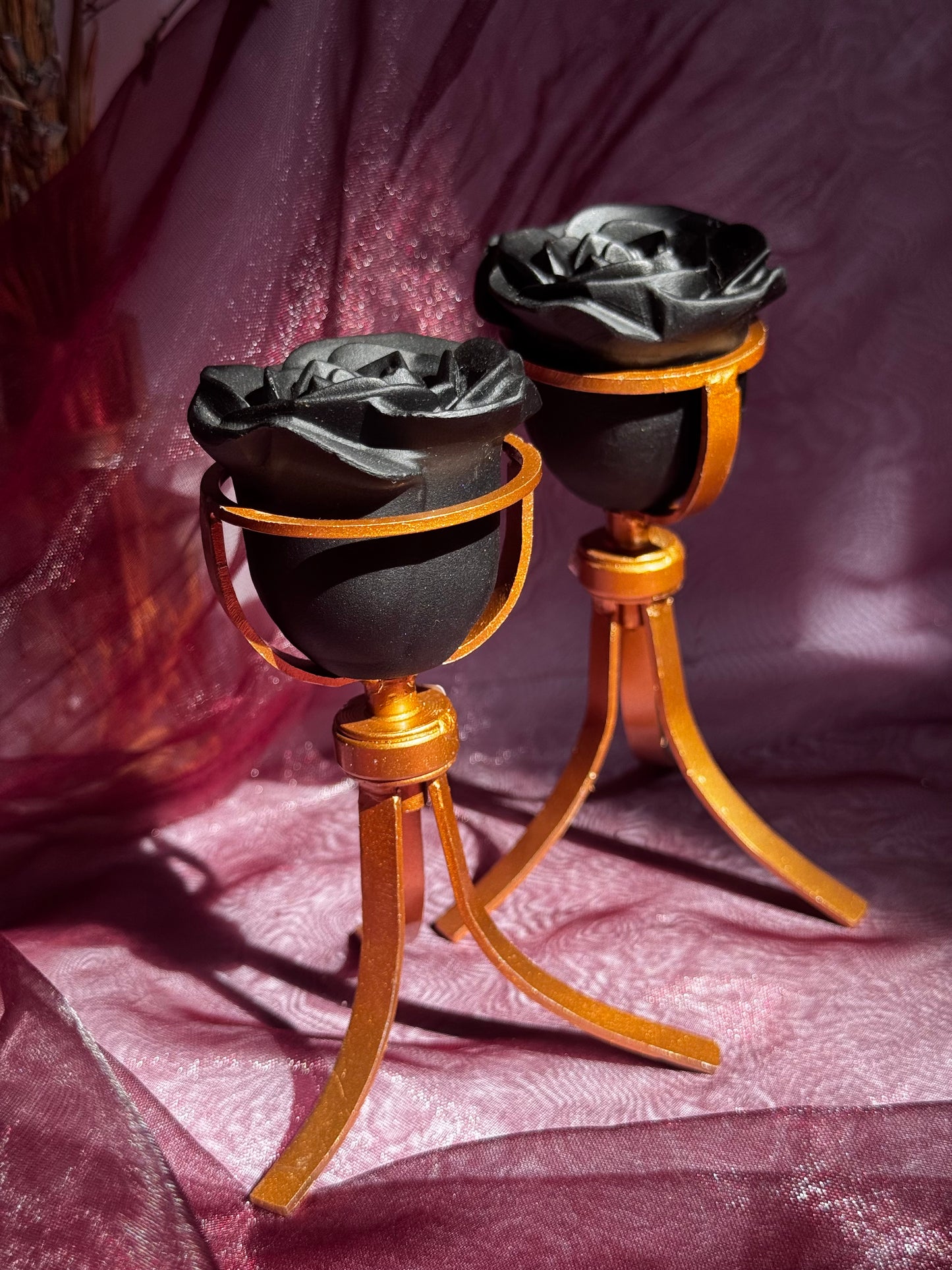 Obsidian Rose Flower Carving on stand