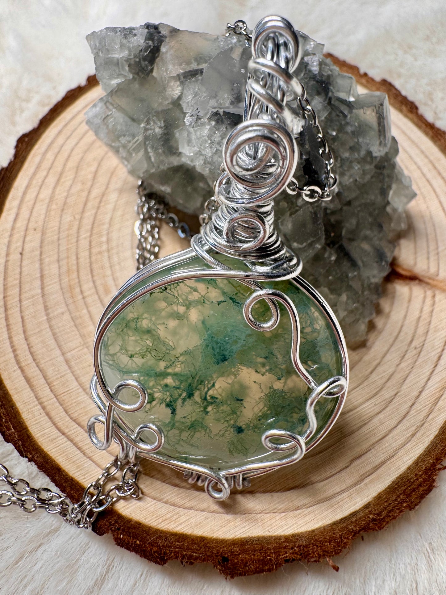 Wire wrapped Moss Agate Pendant and Bracelet set