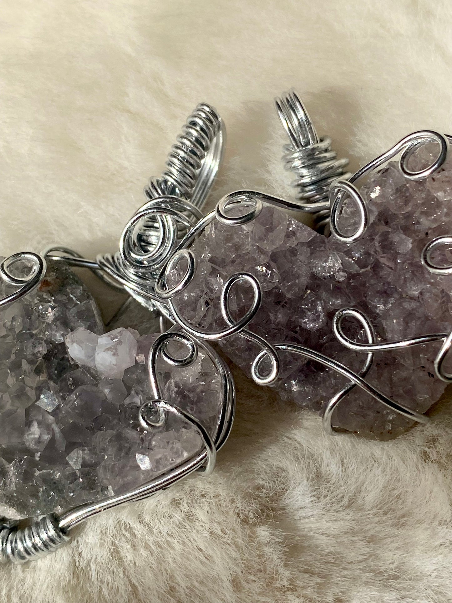 Wire wrapped Amethyst Druzy Heart pendants