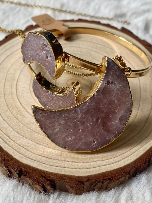 Pink Amethyst Moon bangle bracelet and pendant set