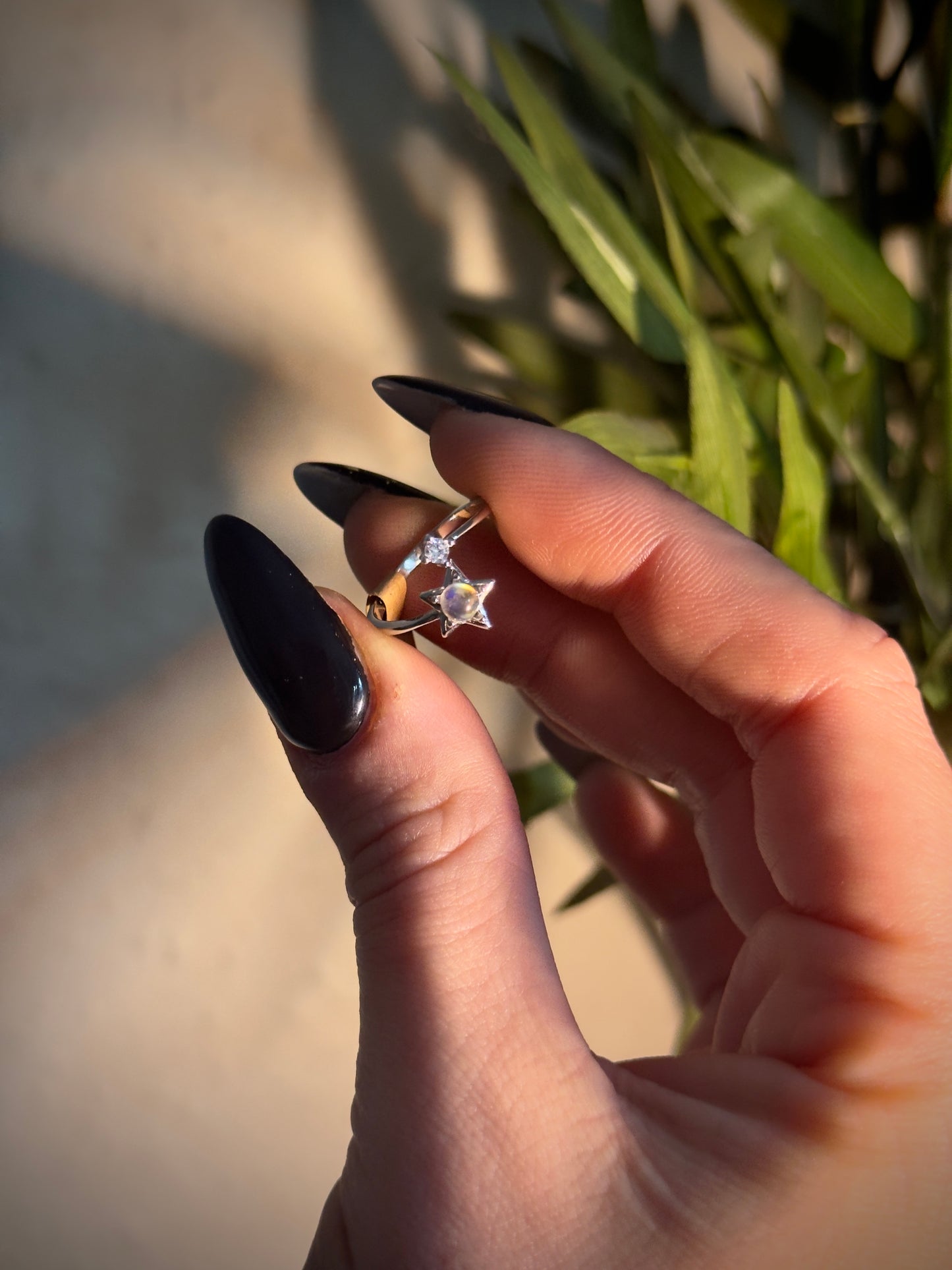 Rainbow Moonstone Stars and Moon adjustable rings in Silver 925