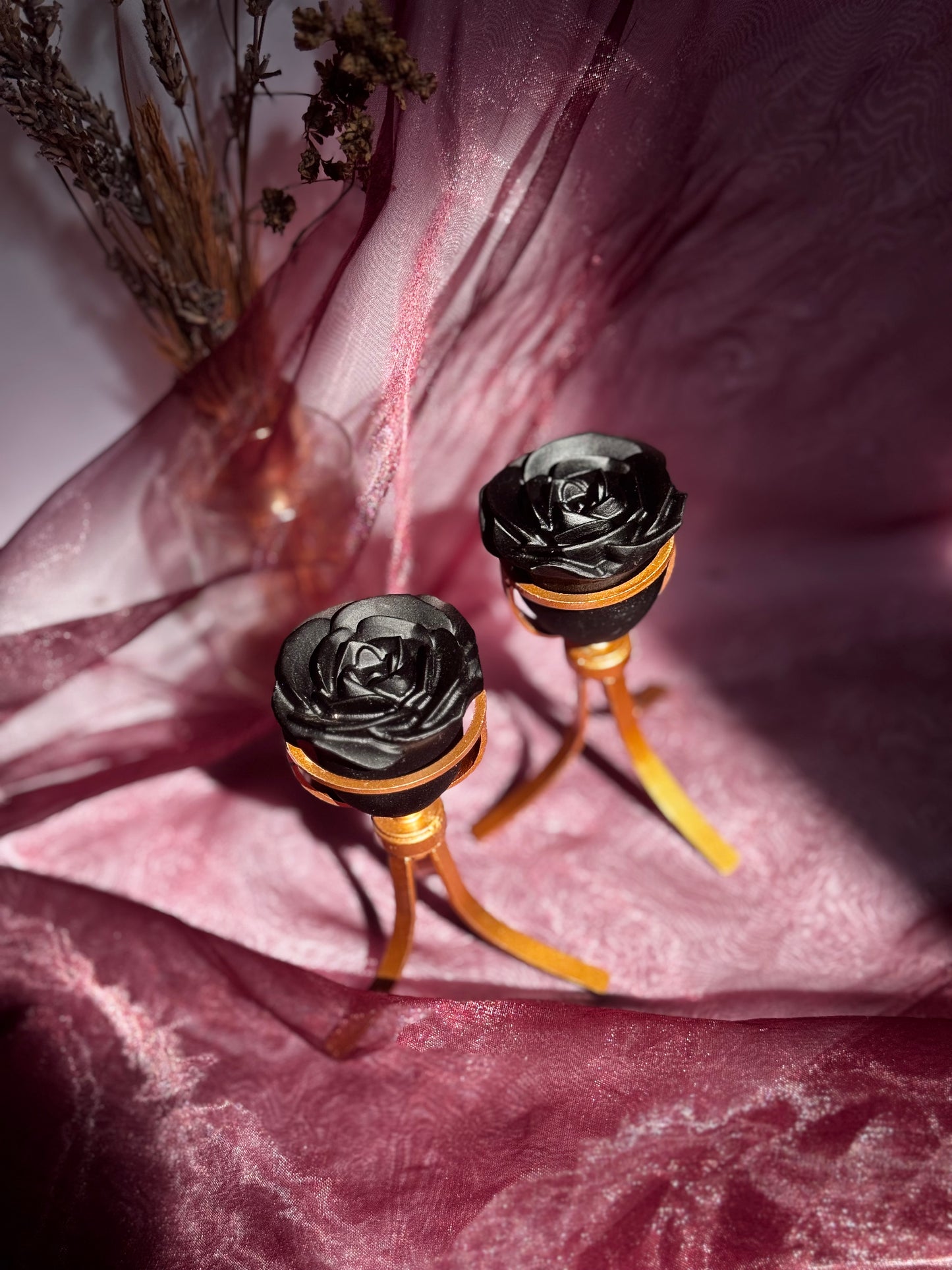 Obsidian Rose Flower Carving on stand