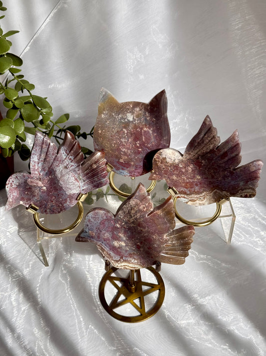 Indonesian Purple Plume Agate carvings with holder included