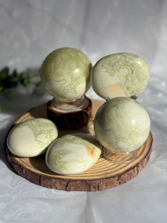 Indonesian Green Maligano Jasper spheres and palm-stones