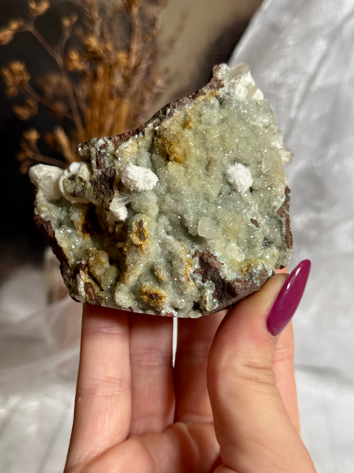Okenite spheres on Crystallised Apophyllite, Stilbite & Green Chalcedony|Quartz – Indian Zeolite Specimen
