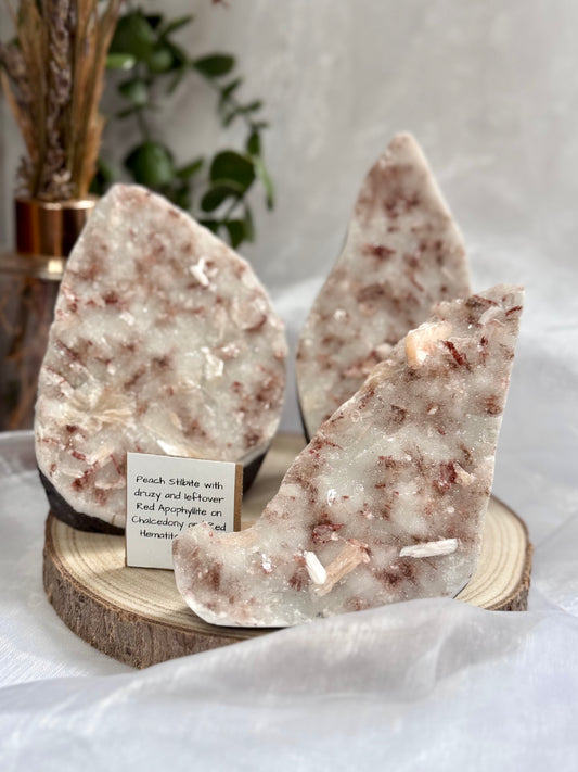 Peach Stilbite with Druzy and leftover Red Apophyllite on Chalcedony and Red Hematite coating