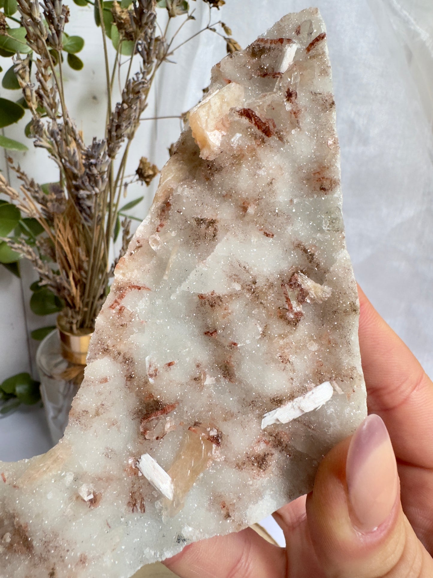 Peach Stilbite with Druzy and leftover Red Apophyllite on Chalcedony and Red Hematite coating