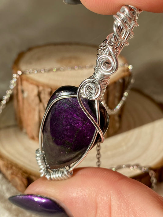 Wire wrapped flashy Purpurite pendant