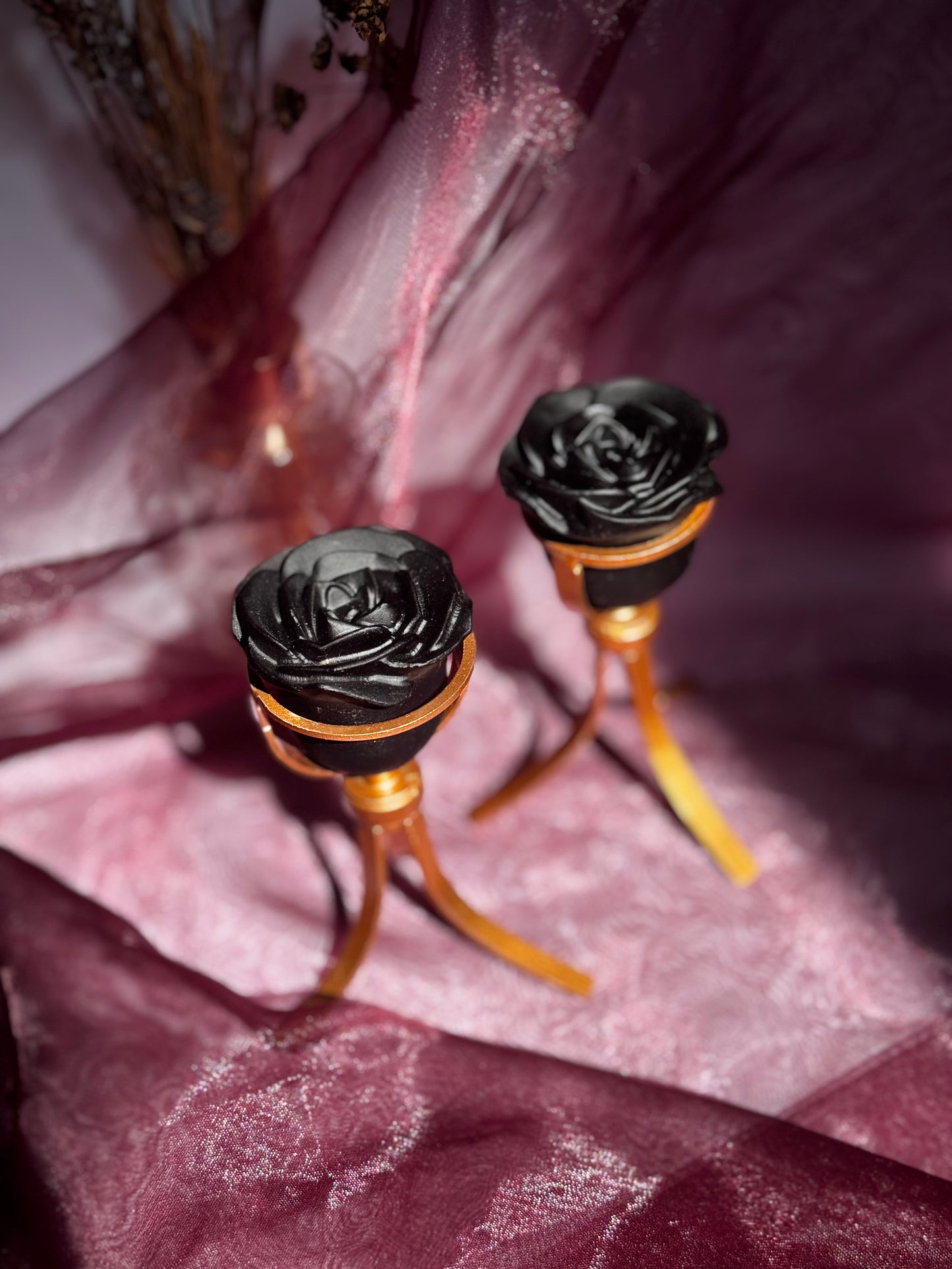 Obsidian Rose Flower Carving on stand