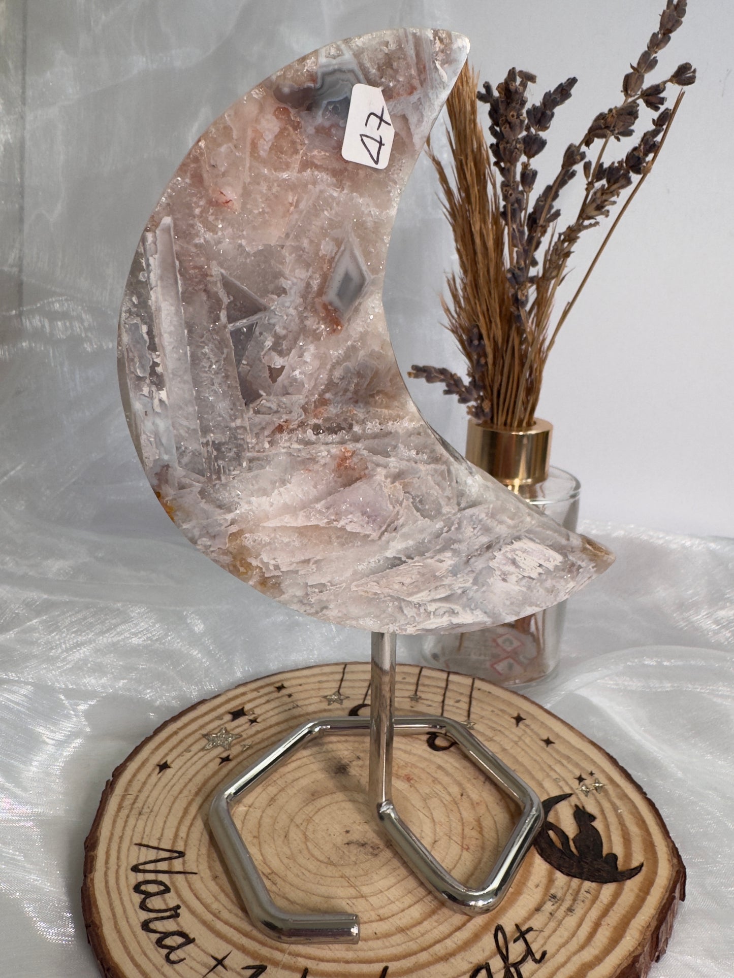 Pink Amethyst Tower and Moon on stand Druzy set