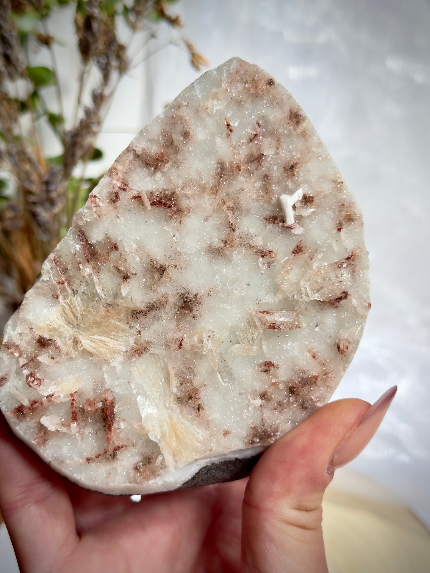 Peach Stilbite with Druzy and leftover Red Apophyllite on Chalcedony and Red Hematite coating