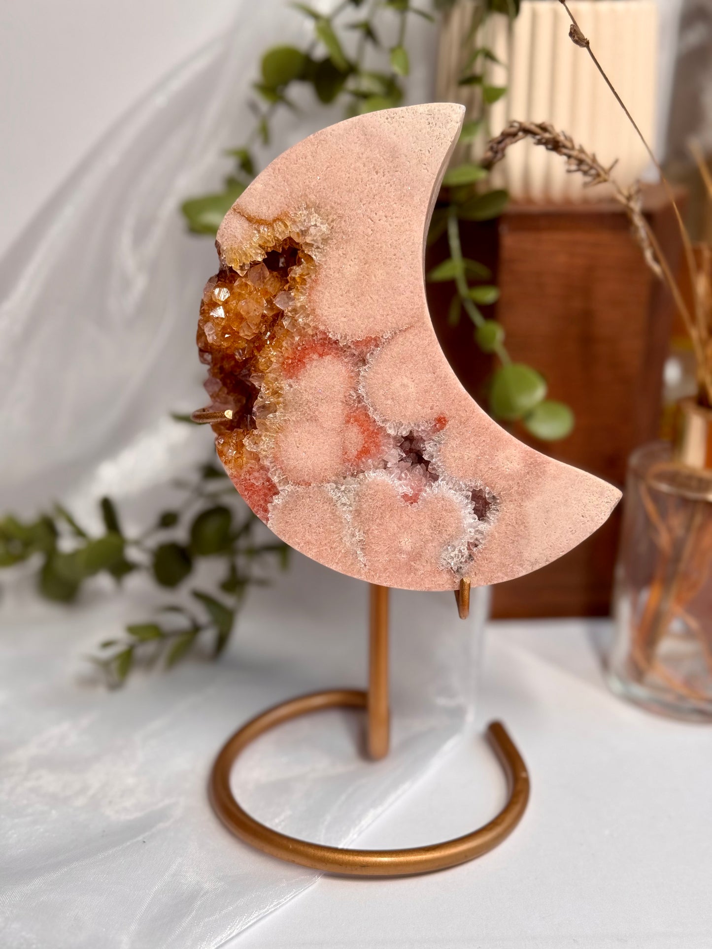 Golden Druzy Pink Amethyst Moon on Display Stand (0.622 kg)