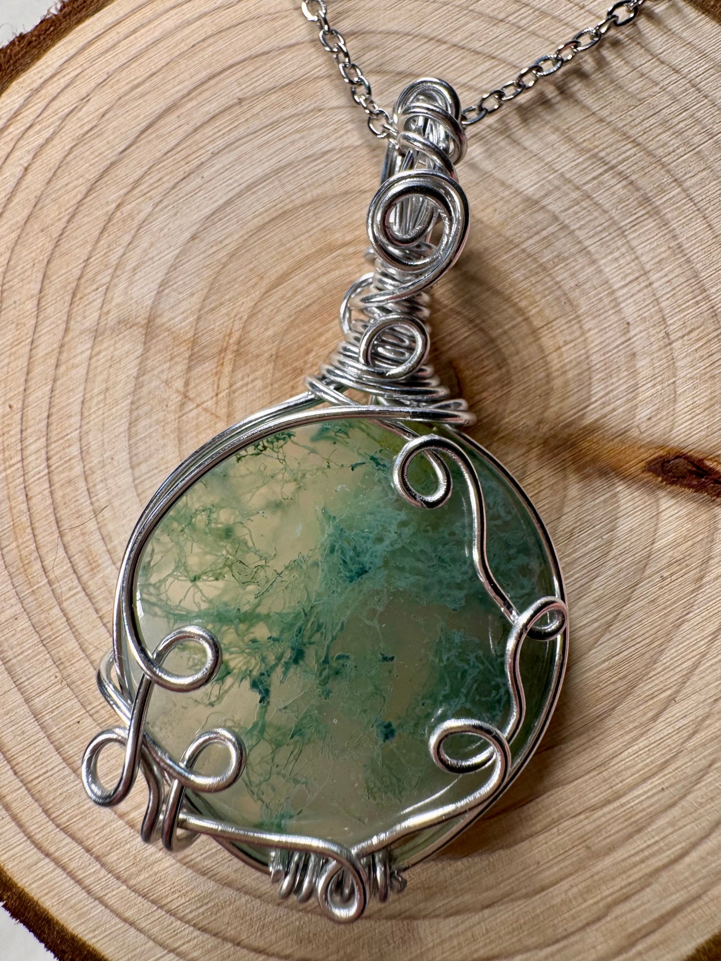 Wire wrapped Moss Agate Pendant and Bracelet set