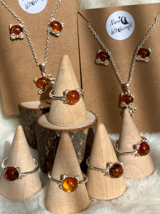 Baltic Amber Kitty jewels in Silver 925 - adjustable Rings, pendants and earrings set