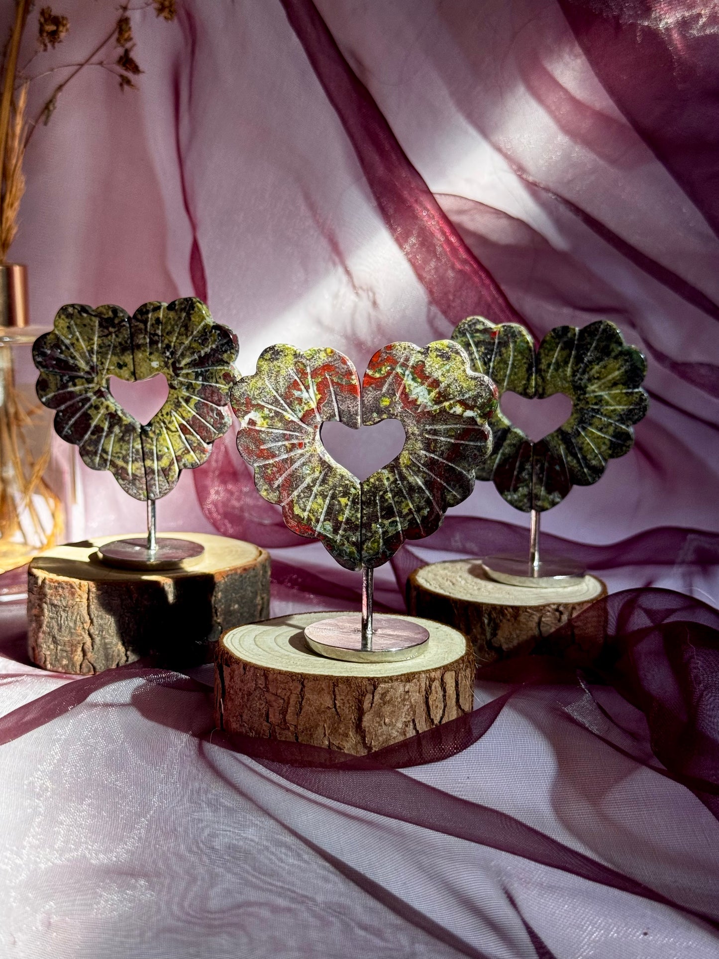 Bloodstone Jasper Heart Wings on stand