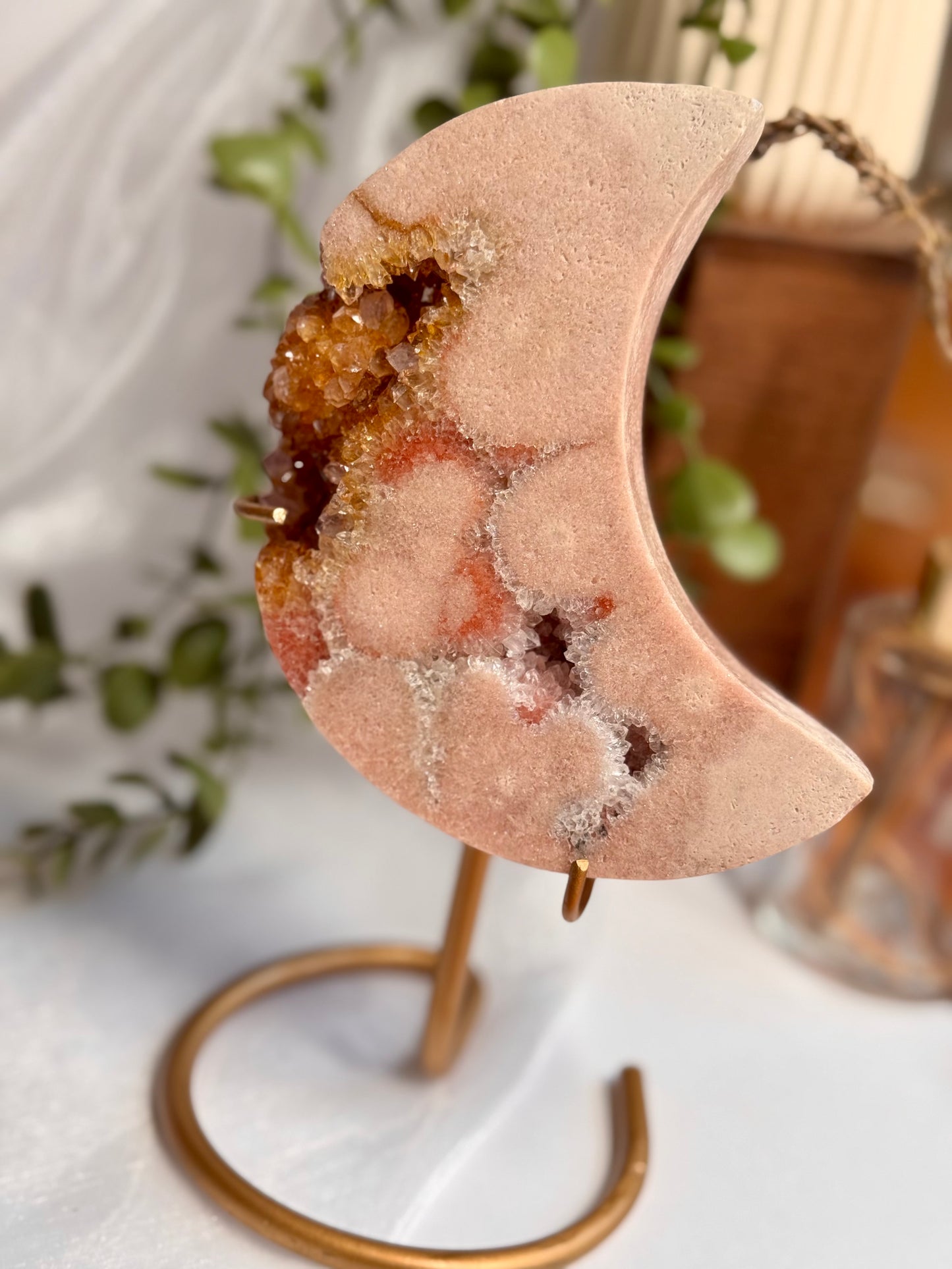 Golden Druzy Pink Amethyst Moon on Display Stand (0.622 kg)