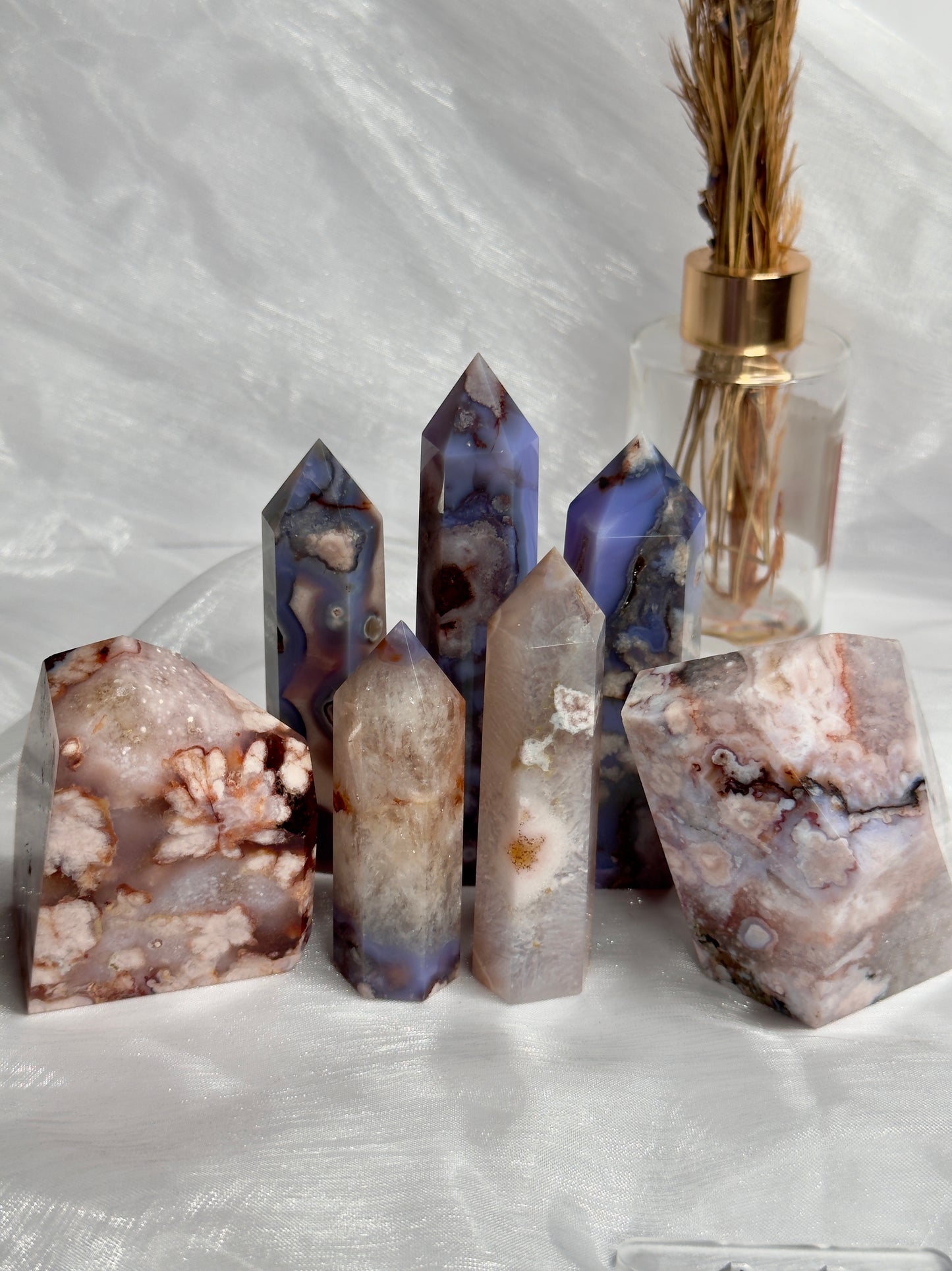 Blue Flower Agate towers and Freeforms