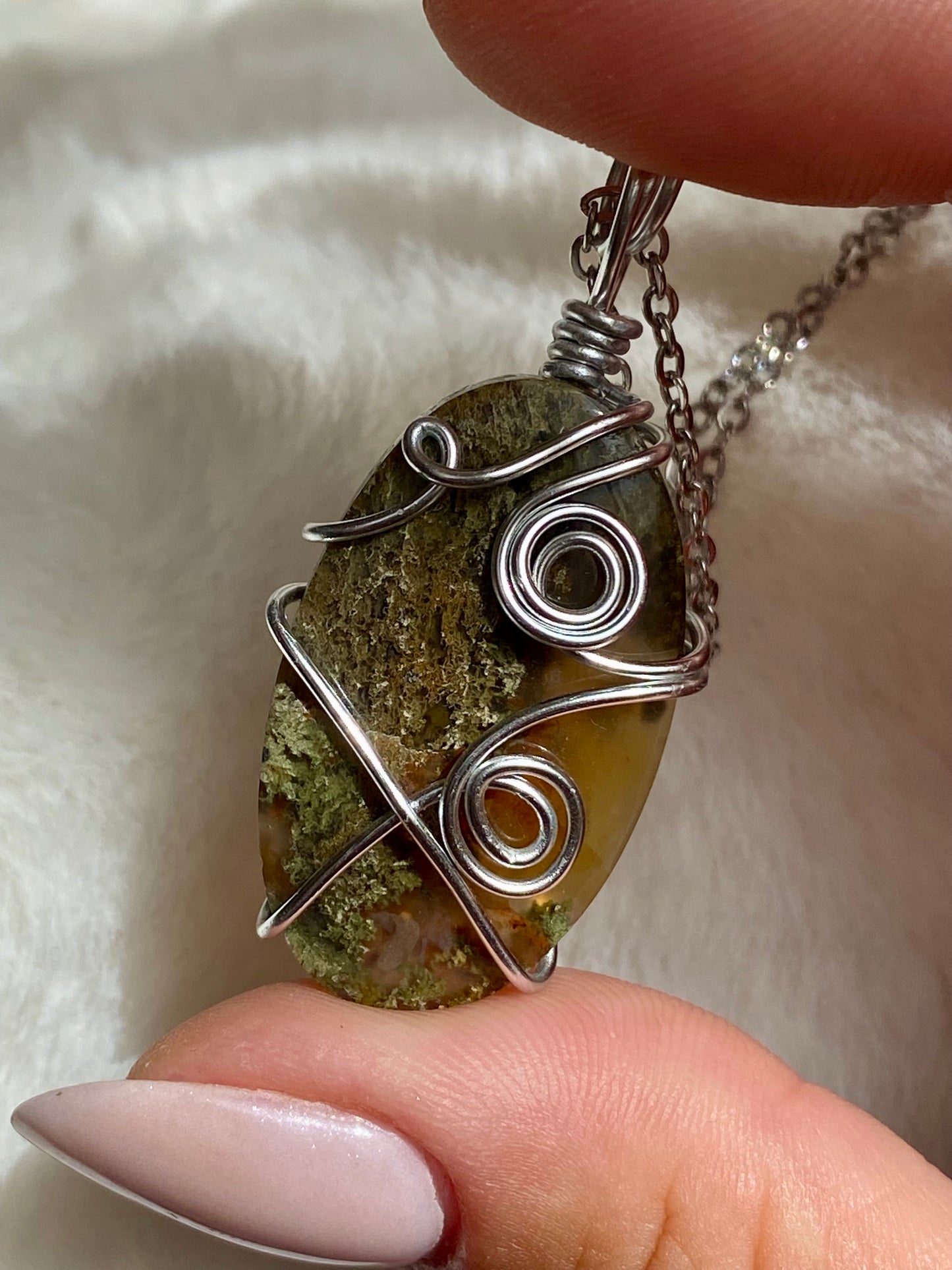 Wire wrapped Indonesian Moss Agate pendant