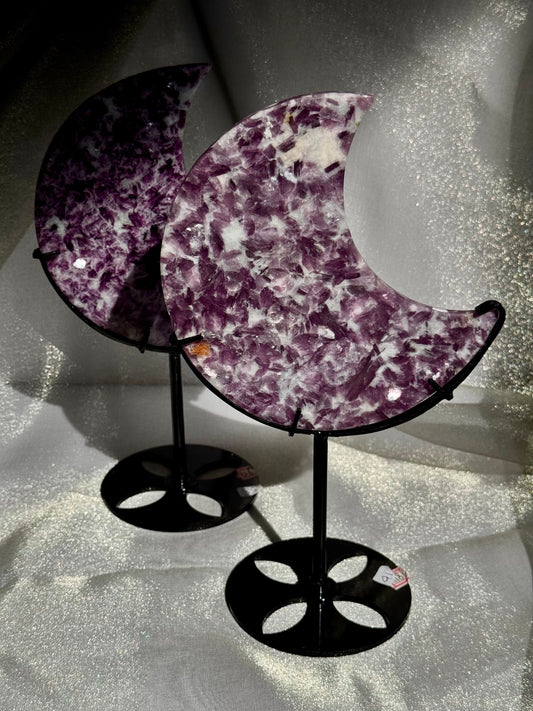 Lepidolite Crescent Moons on stand