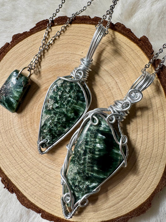 Rare Seraphinite wire- wrapped pendants