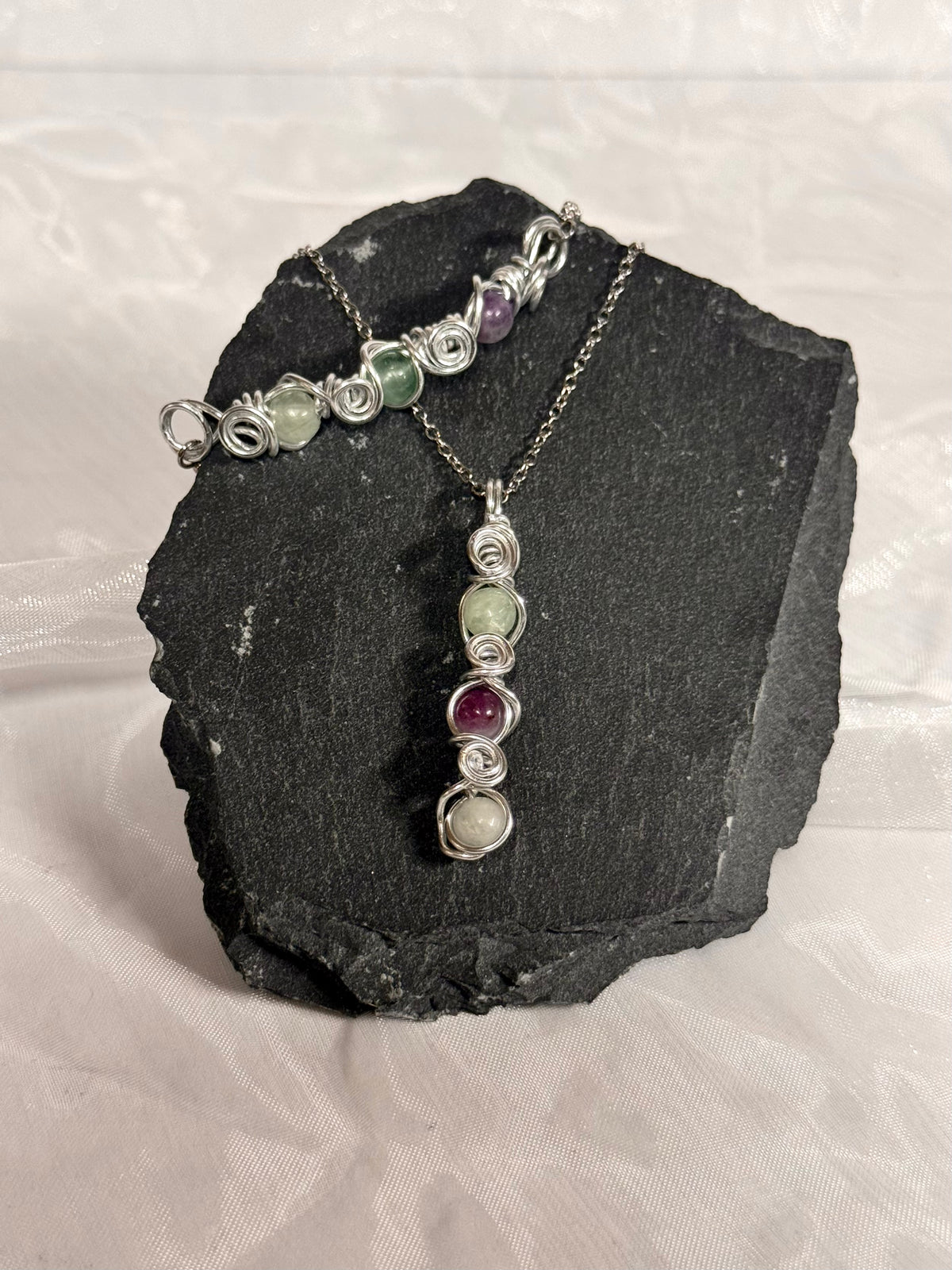 Wire wrapped Fluorite pendant and Adjustable Bracelet set