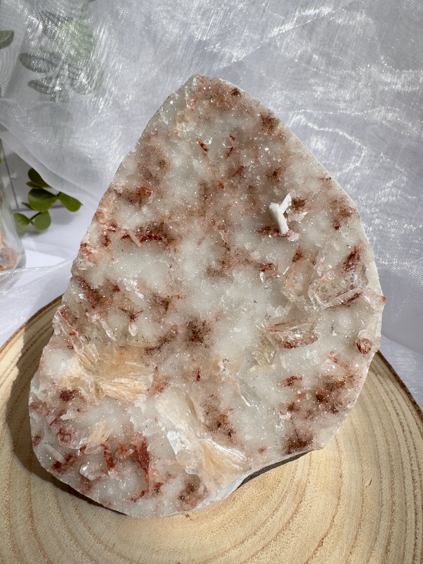 Peach Stilbite with Druzy and leftover Red Apophyllite on Chalcedony and Red Hematite coating