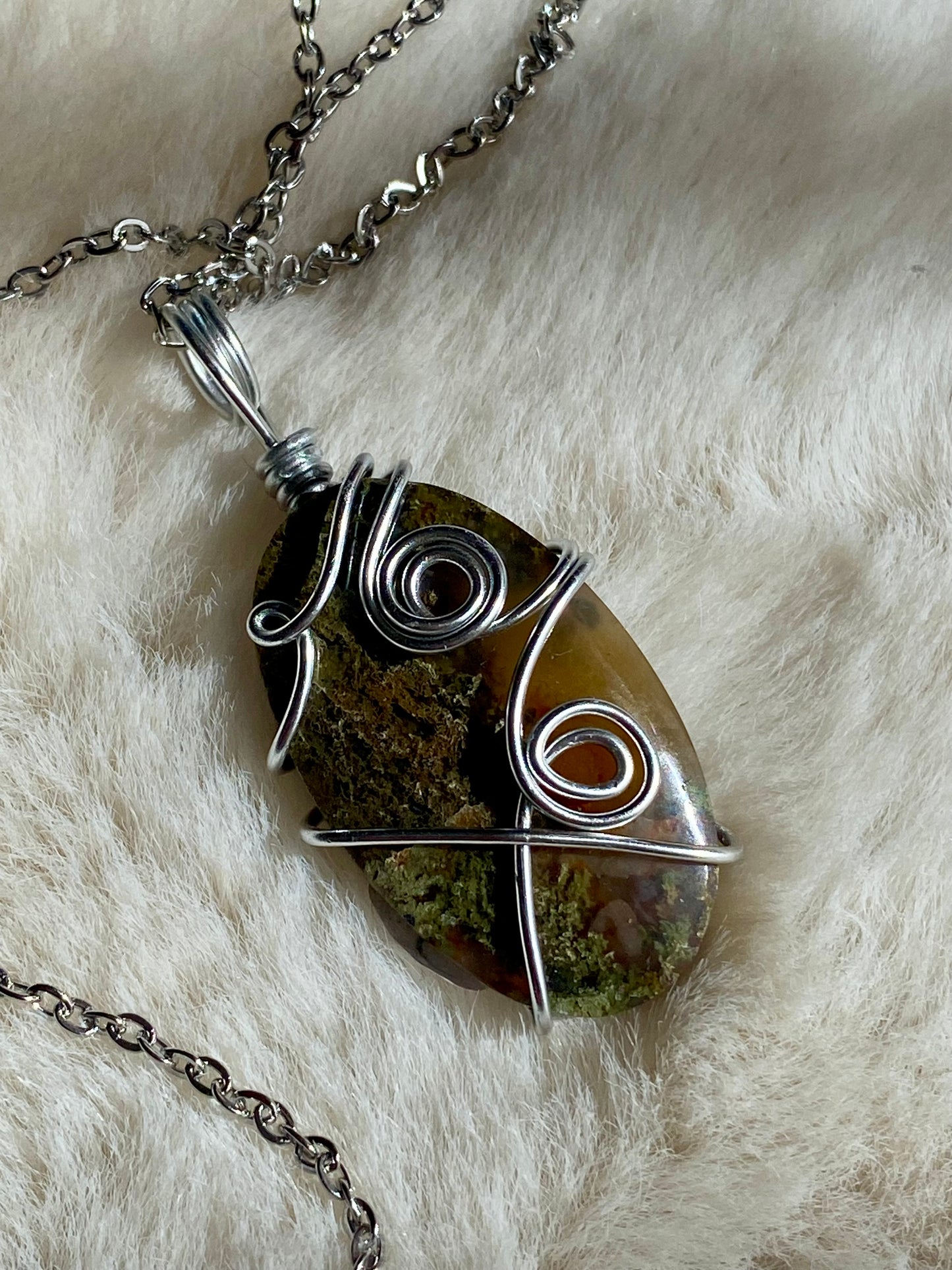 Wire wrapped Indonesian Moss Agate pendant