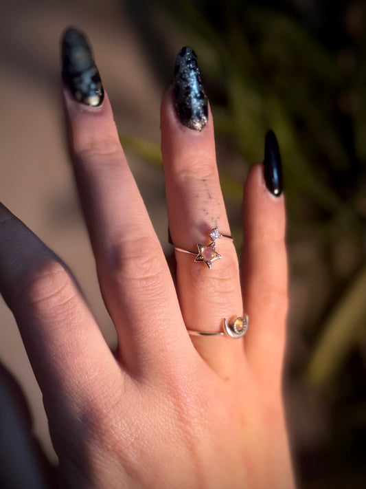 Rainbow Moonstone Stars and Moon adjustable rings in Silver 925
